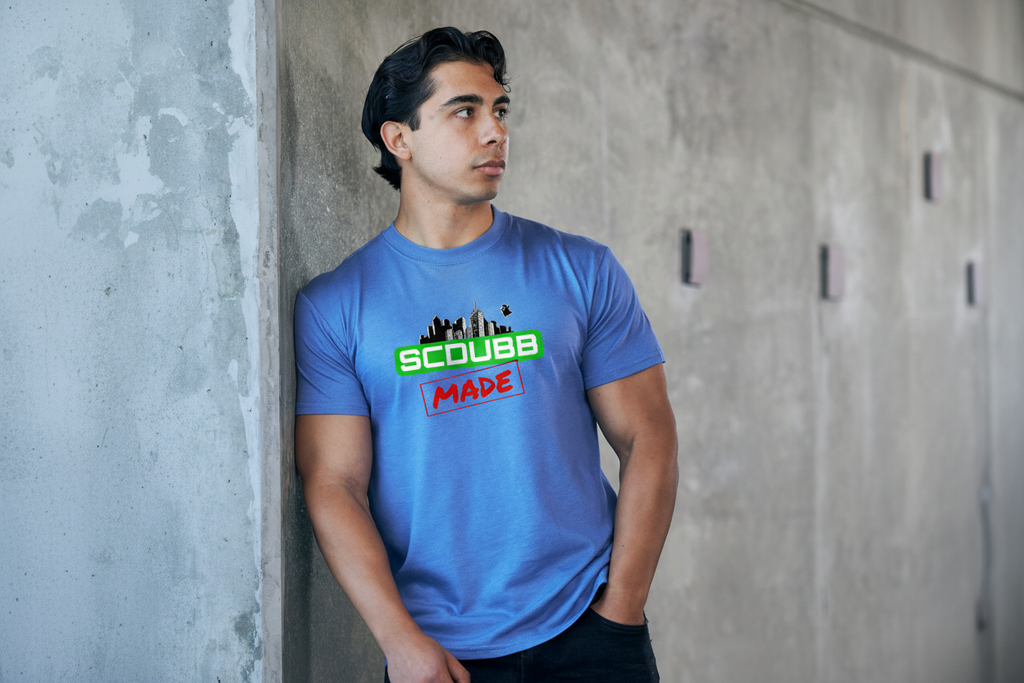 SCDUBB MADE logo on blue shirt