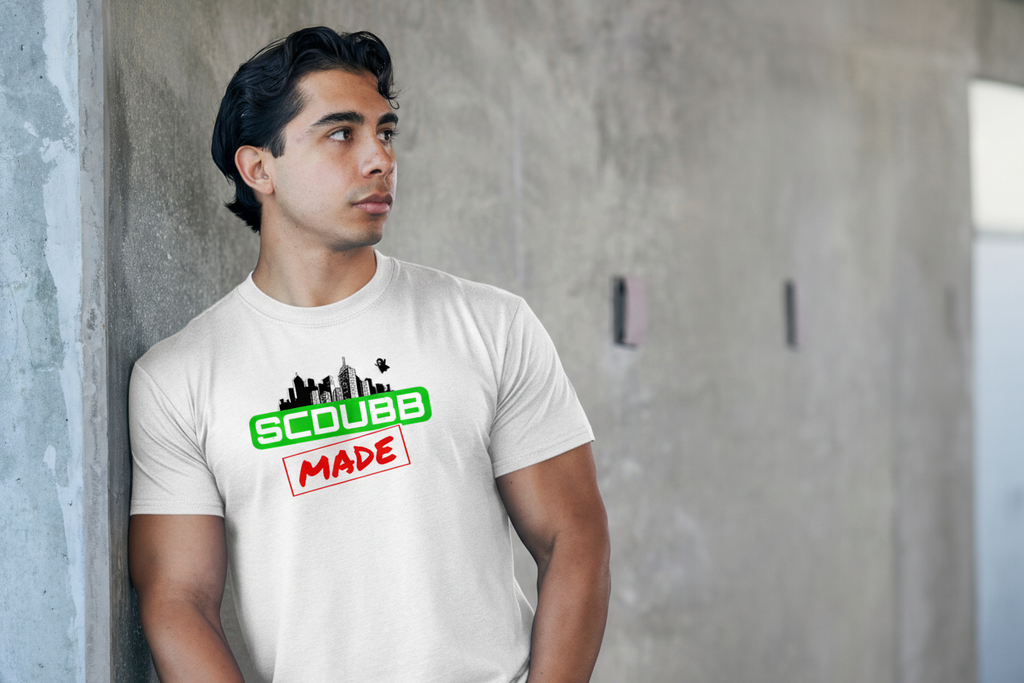 SCDUBB MADE logo on white shirt