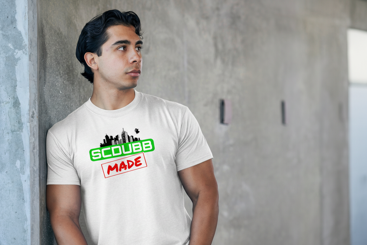 SCDUBB MADE logo on white shirt