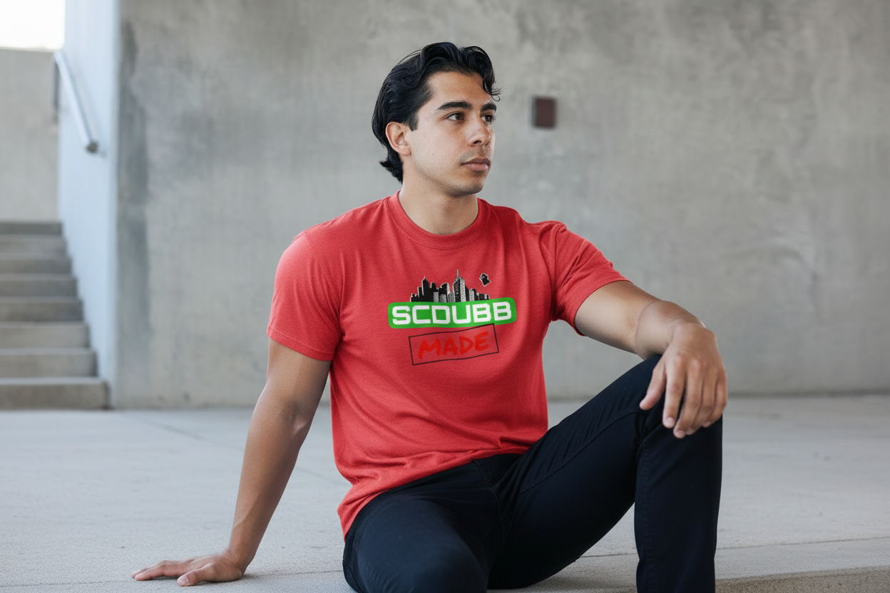 SCDUBB MADE logo on red shirt - sitting pose