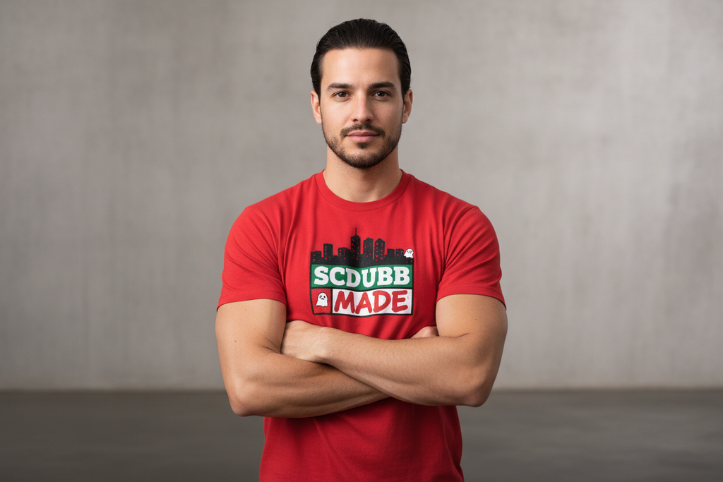 SCDUBB MADE logo on red shirt - arms crossed pose