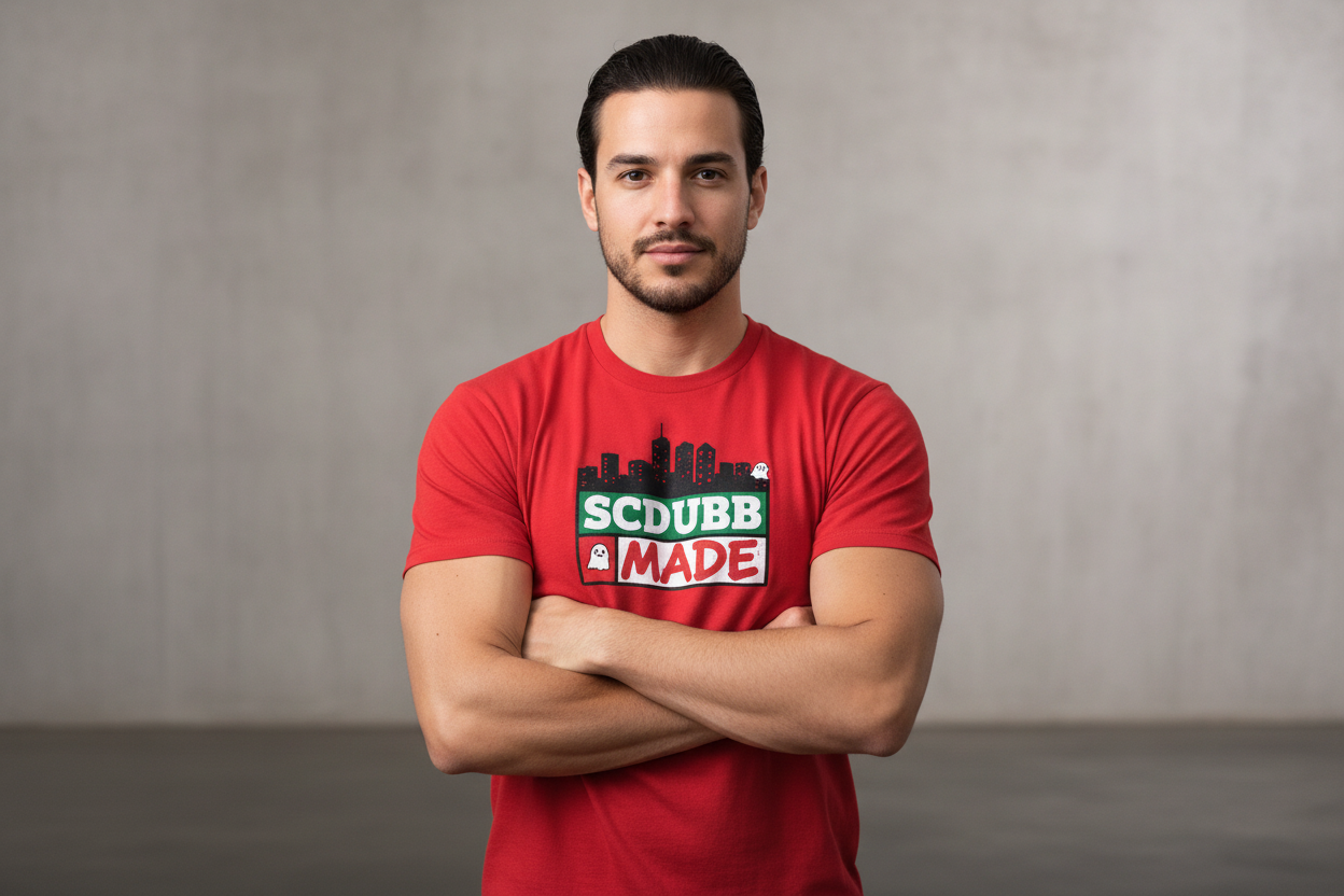 SCDUBB MADE logo on red shirt - arms crossed pose