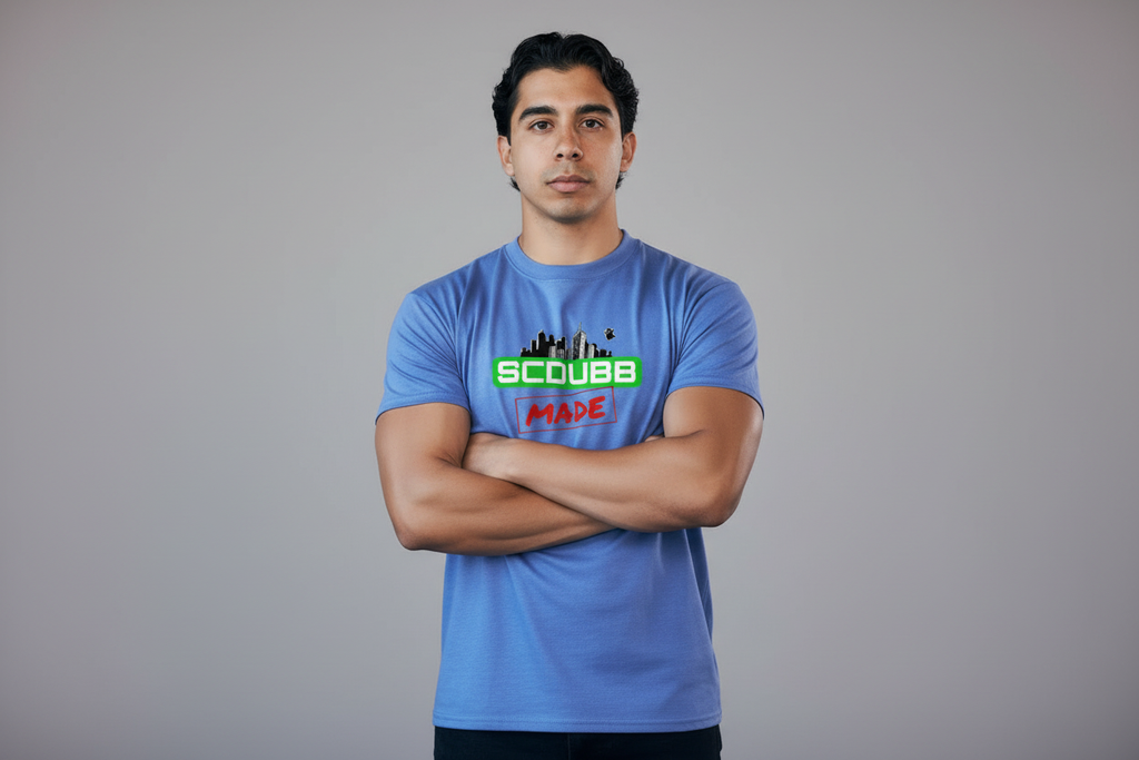 SCDUBB MADE logo on blue shirt - arms crossed pose