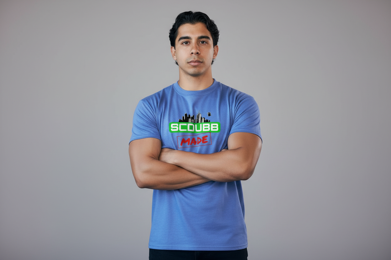 SCDUBB MADE logo on blue shirt - arms crossed pose