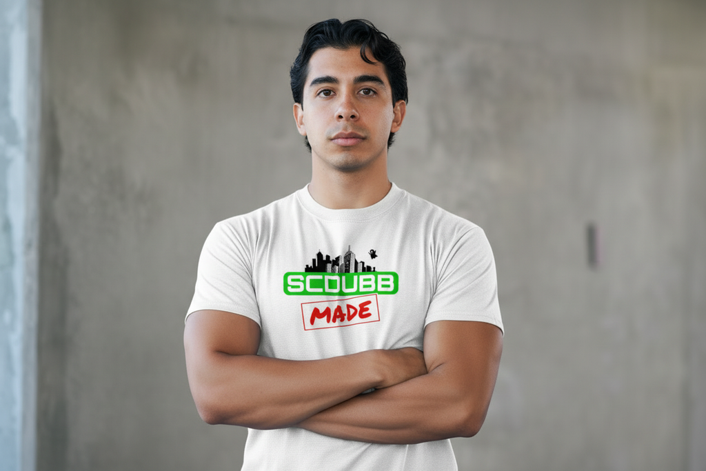 SCDUBB MADE logo on white shirt - arms crossed pose