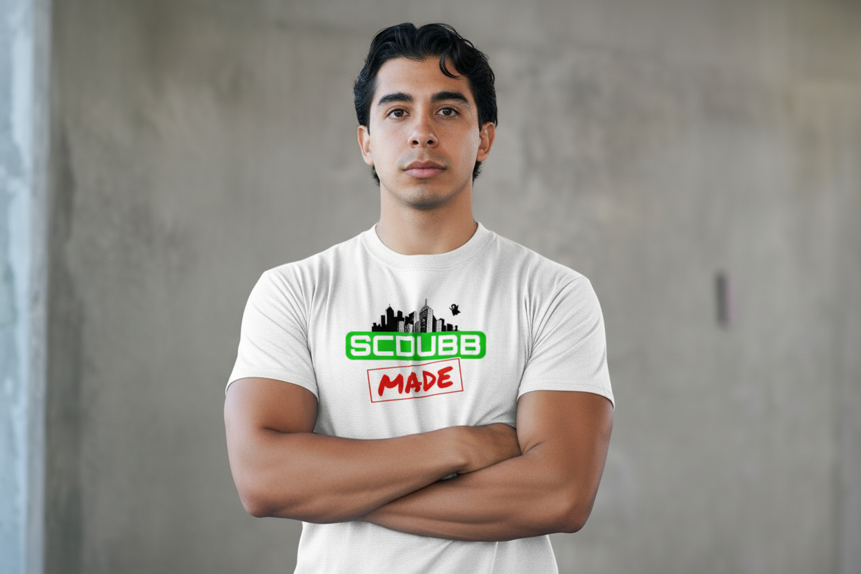 SCDUBB MADE logo on white shirt - arms crossed pose