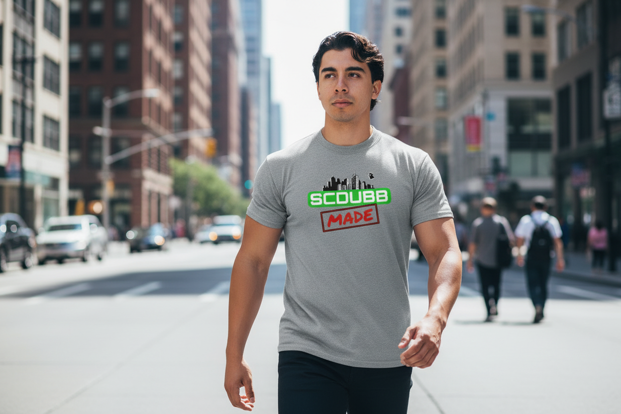 SCDUBB MADE logo on grey shirt - walking pose