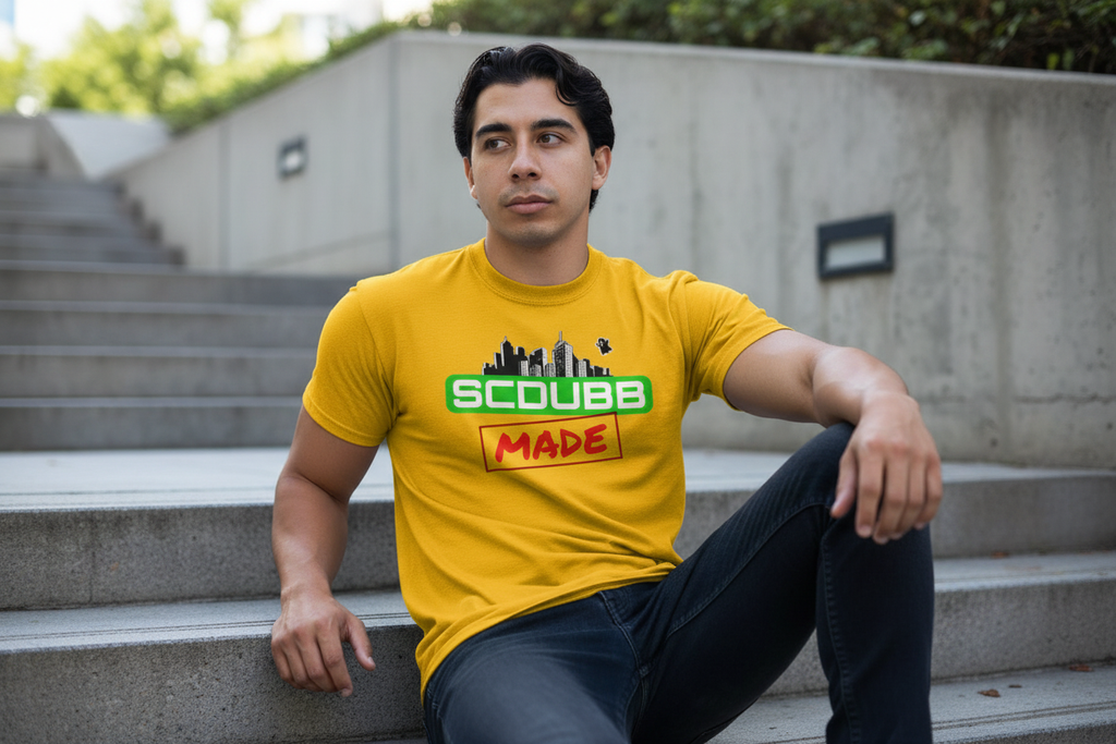 SCDUBB MADE logo on yellow shirt - sitting pose
