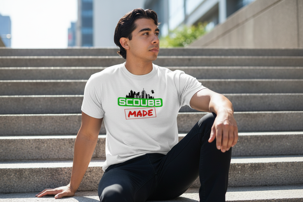 SCDUBB MADE logo on white shirt - sitting pose