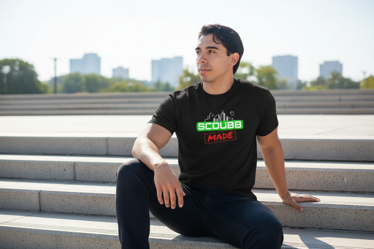 SCDUBB MADE logo on black shirt - sitting pose