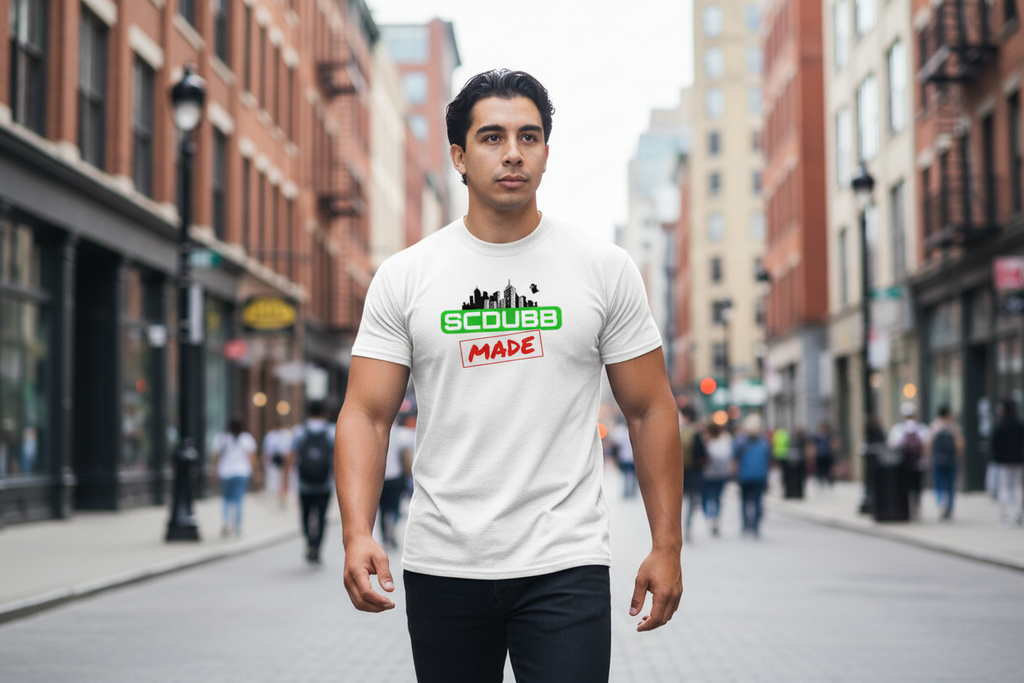SCDUBB MADE logo on white shirt - walking pose