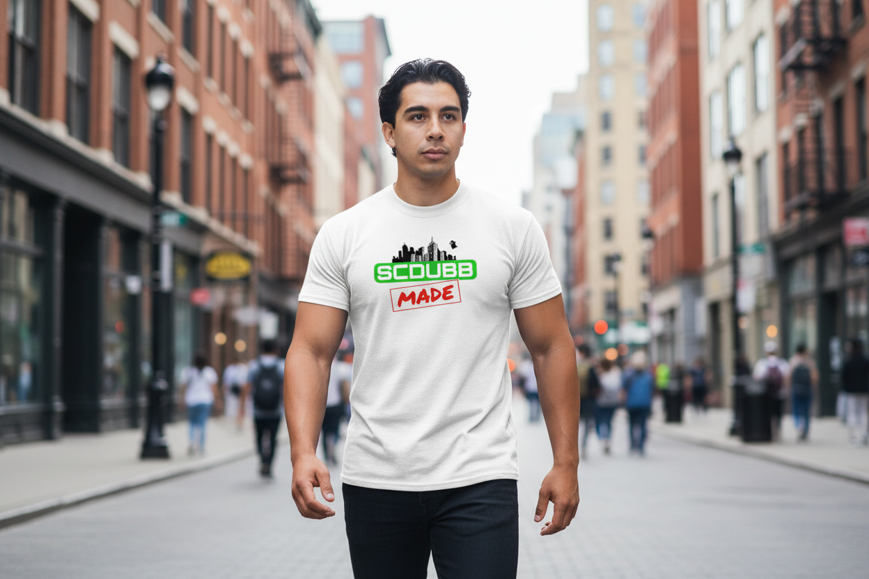 SCDUBB MADE logo on white shirt - walking pose