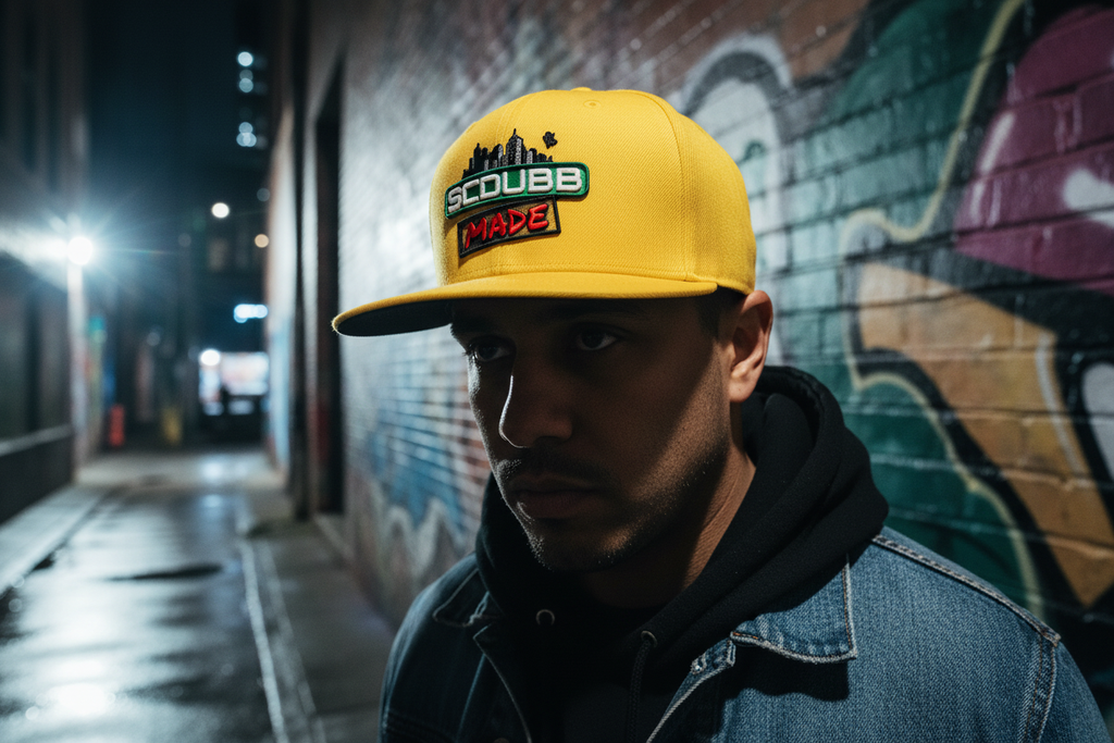 SCDUBB MADE yellow hat three-quarter angle