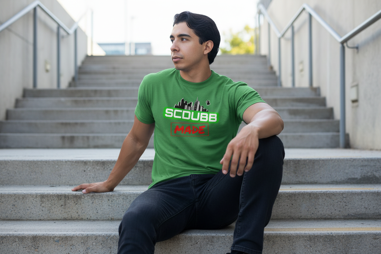 SCDUBB MADE logo on green shirt - sitting pose