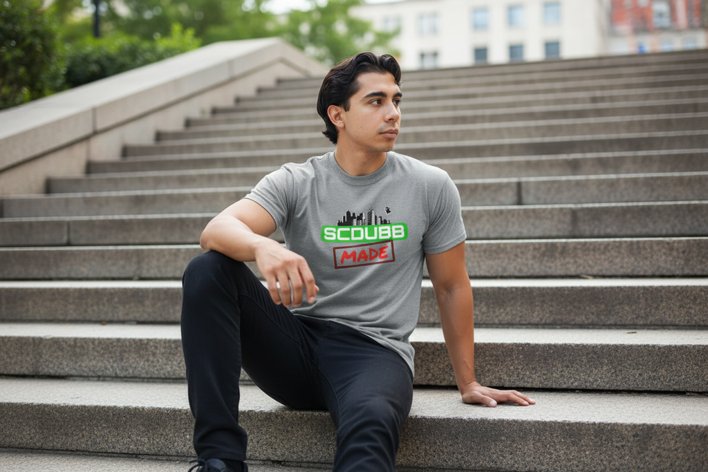SCDUBB MADE logo on grey shirt - sitting pose