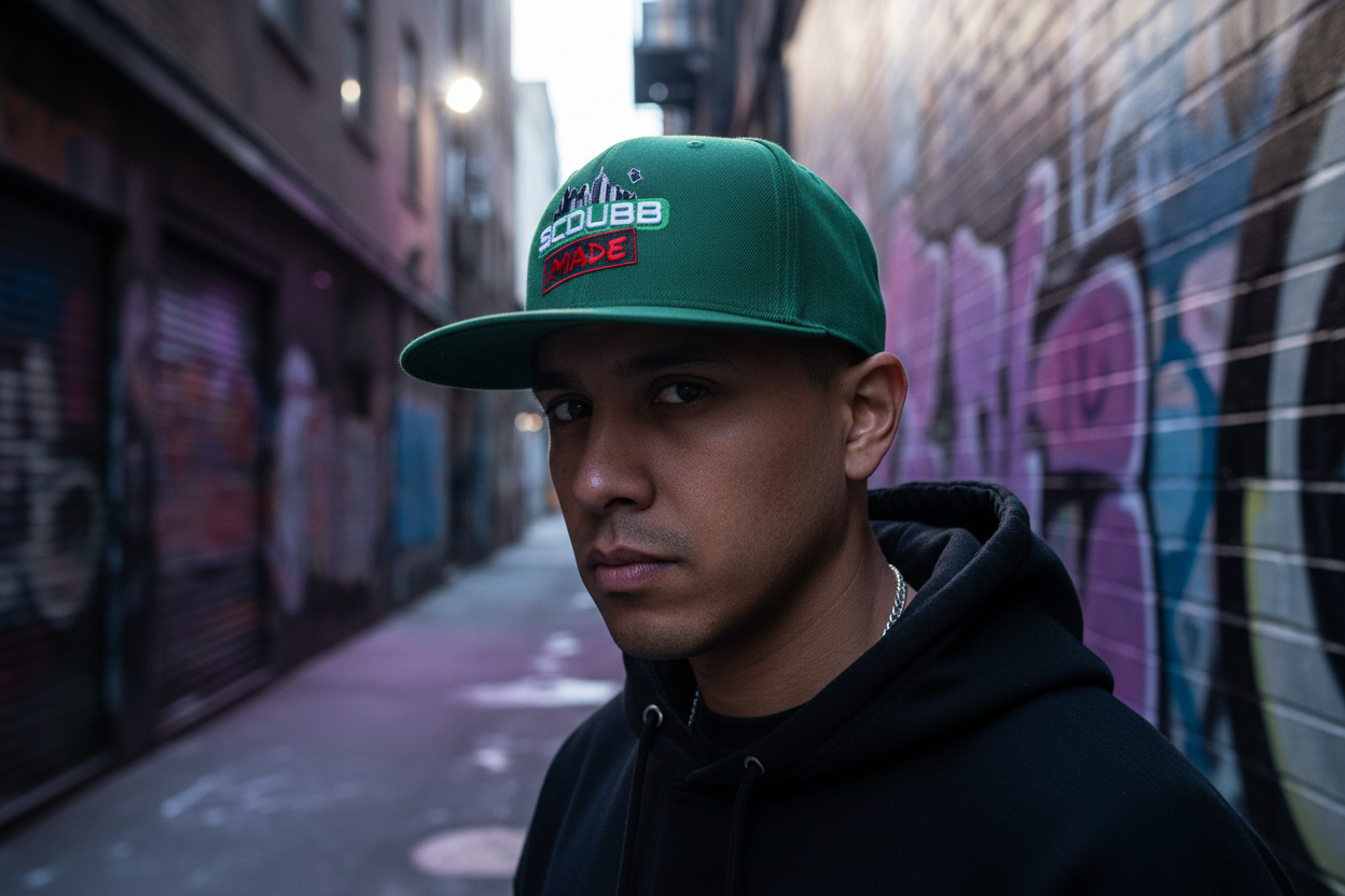 SCDUBB MADE forest green hat three-quarter angle
