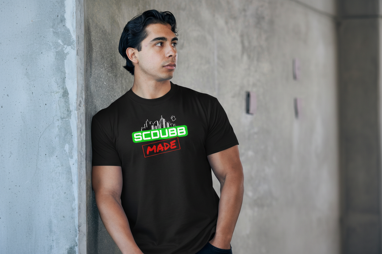 SCDUBB MADE logo on black shirt