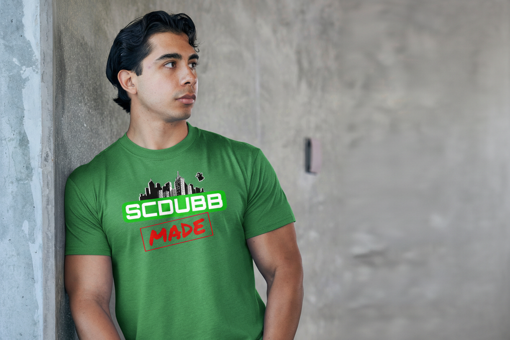 SCDUBB MADE logo on green shirt