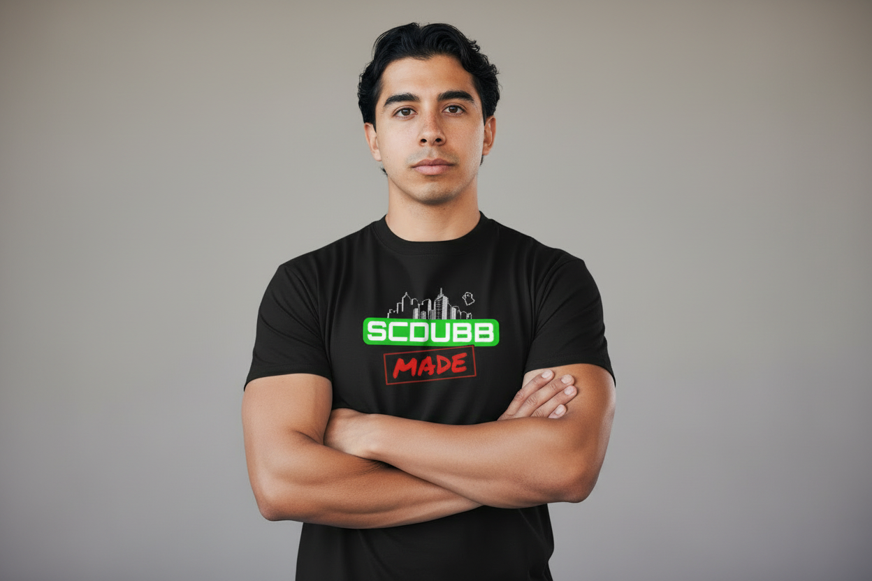 SCDUBB MADE logo on black shirt - arms crossed pose