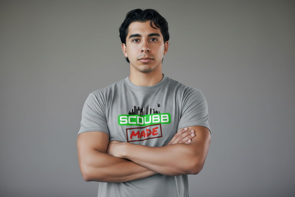 SCDUBB MADE logo on grey shirt - arms crossed pose