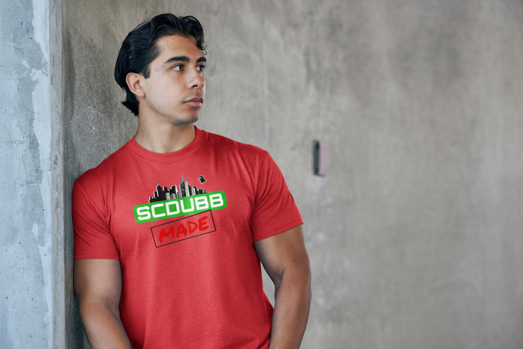 SCDUBB MADE logo on red shirt