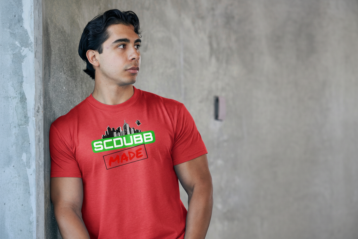 SCDUBB MADE logo on red shirt