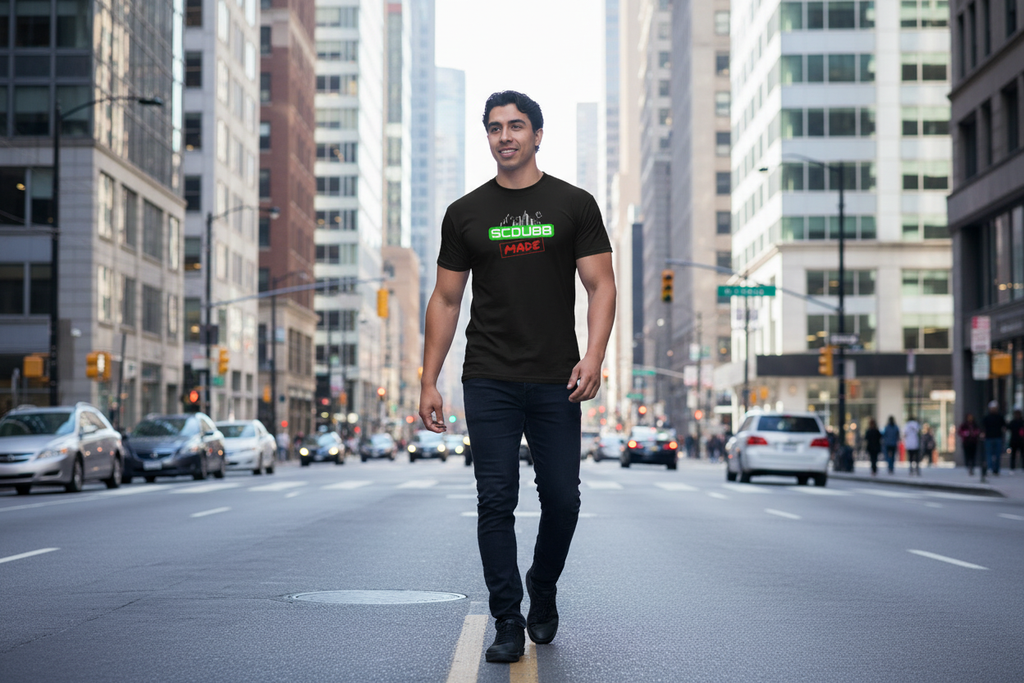 SCDUBB MADE logo on black shirt - walking pose