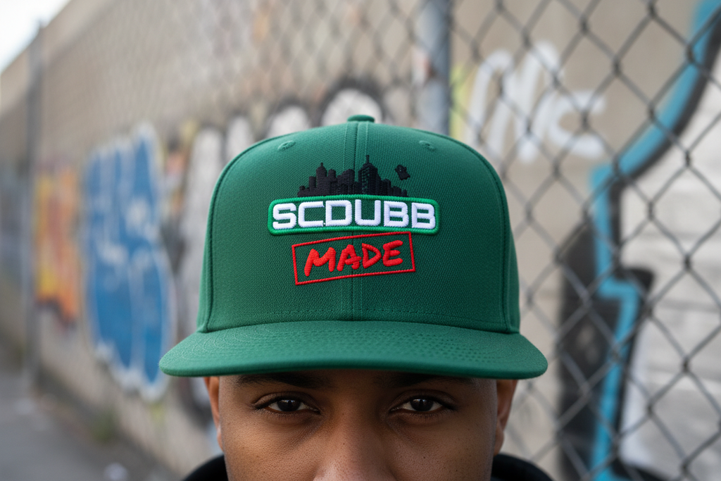SCDUBB MADE forest green hat close-up