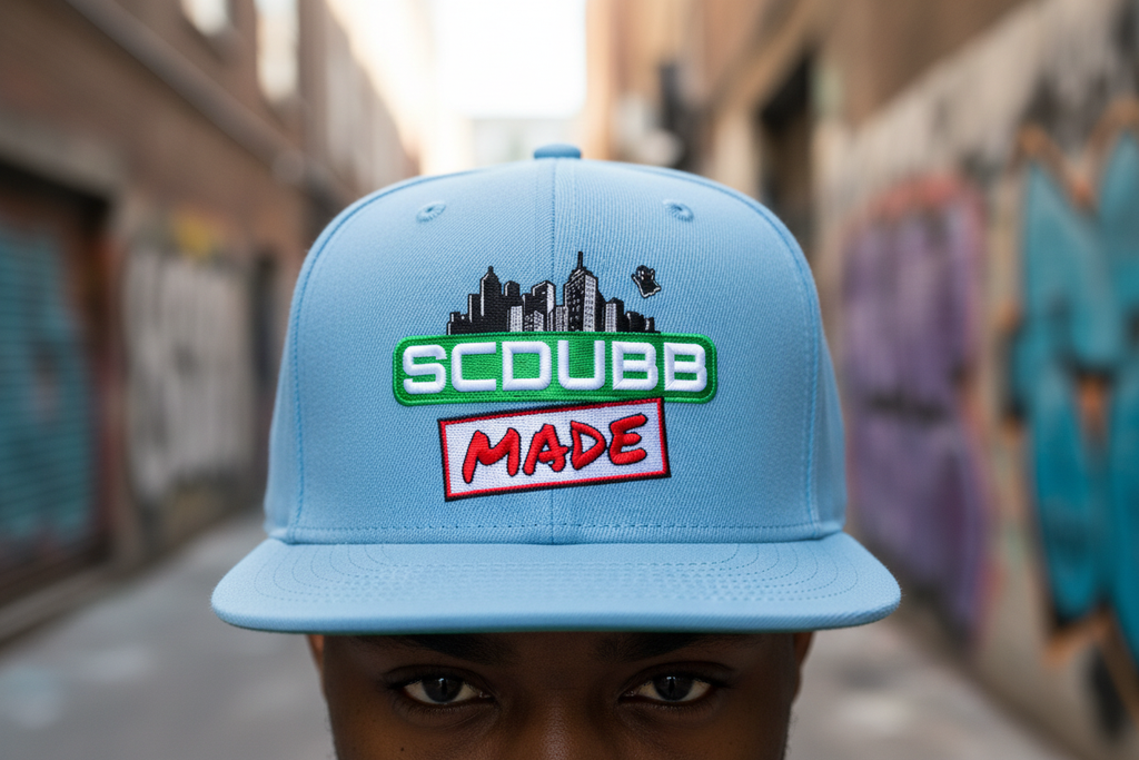 SCDUBB MADE light blue hat close-up