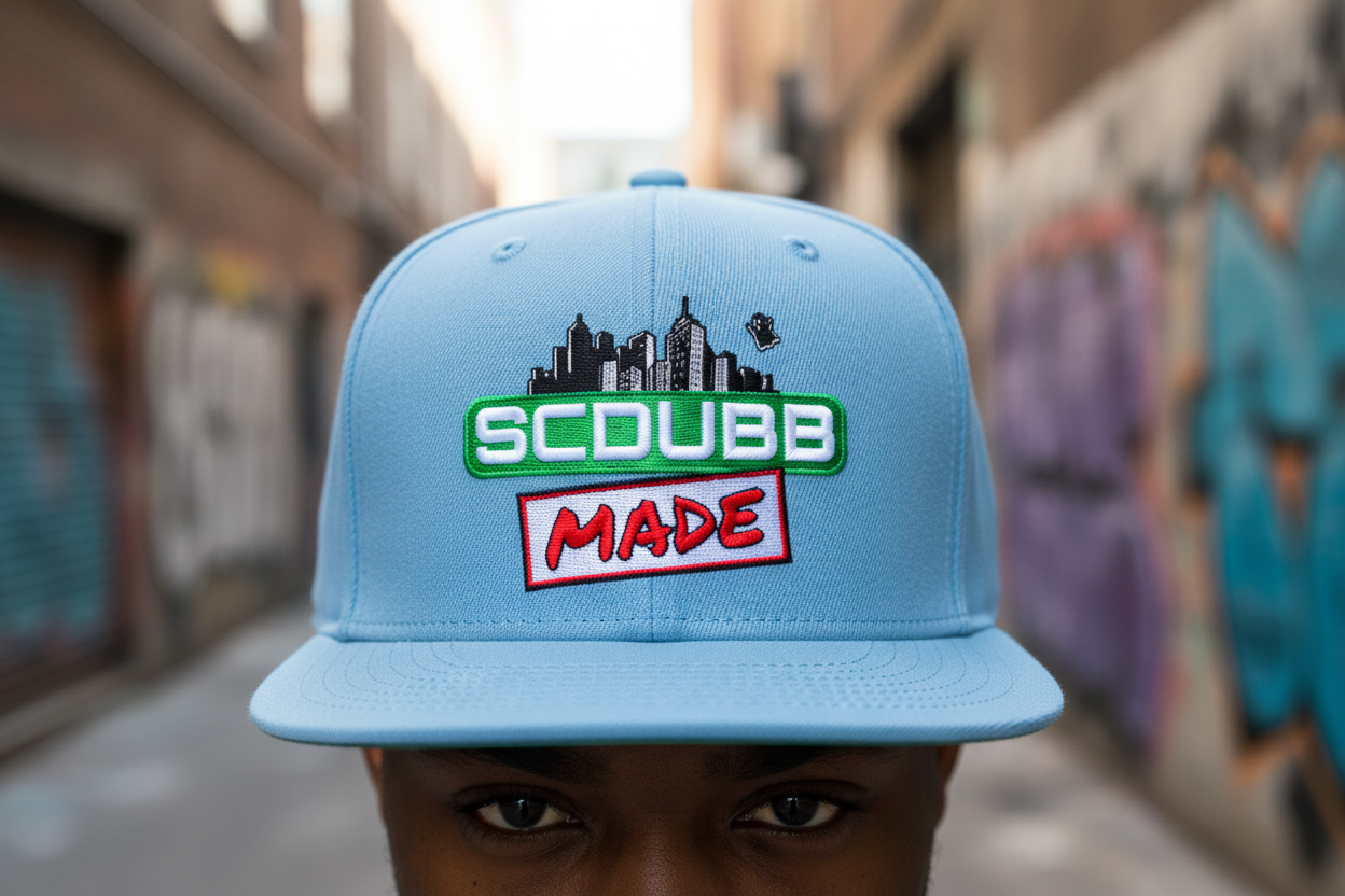 SCDUBB MADE light blue hat close-up