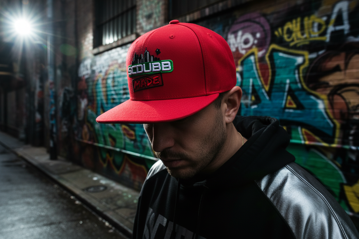 SCDUBB MADE red hat three-quarter angle