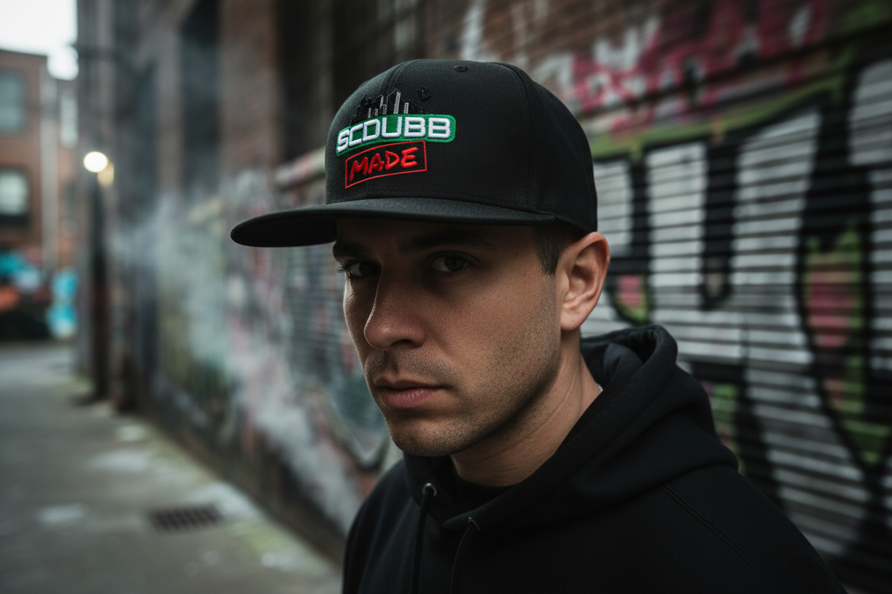 SCDUBB MADE black hat three-quarter angle