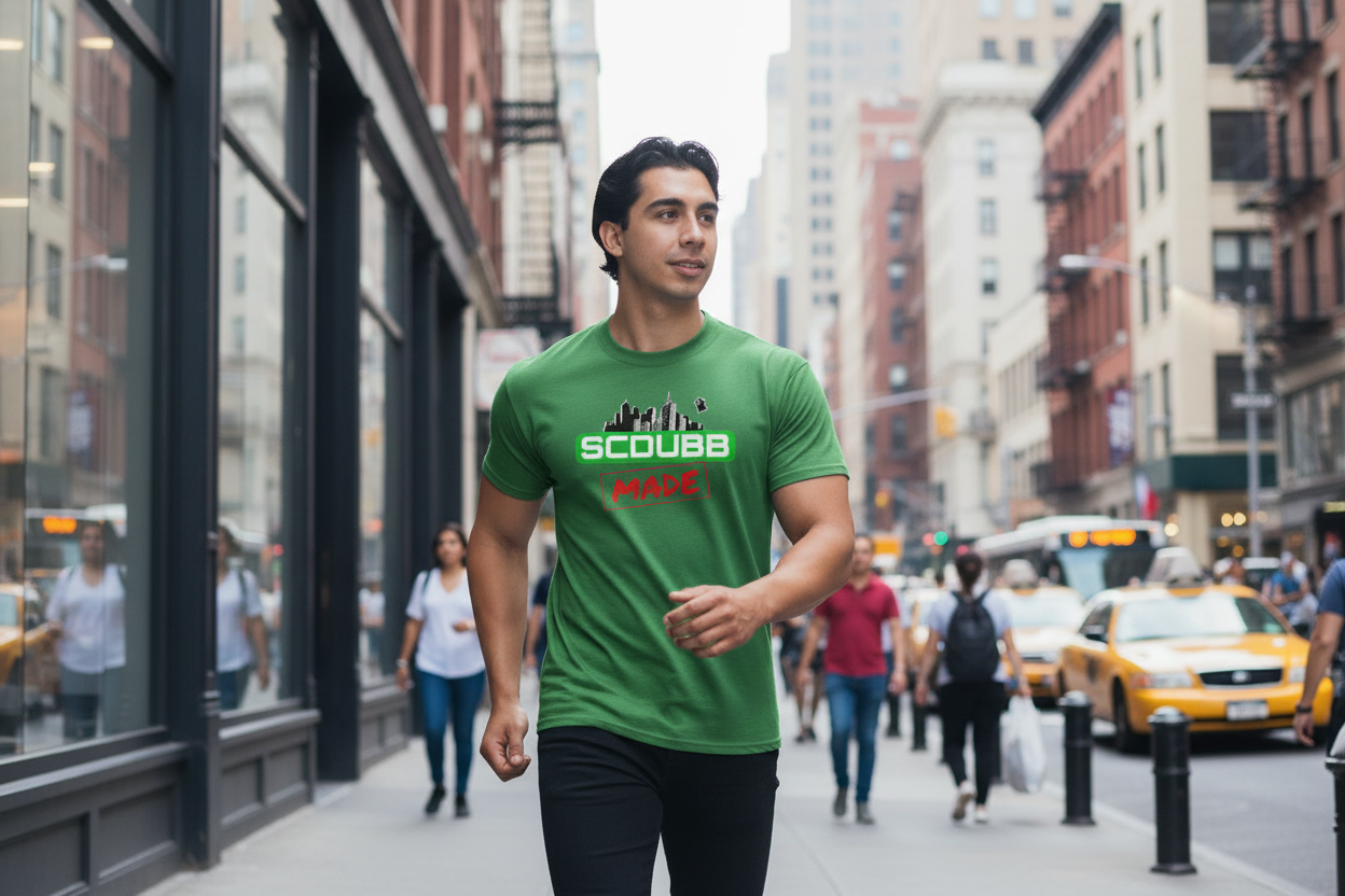 SCDUBB MADE logo on green shirt - walking pose