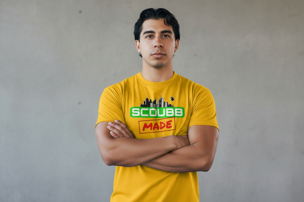 SCDUBB MADE logo on yellow shirt - arms crossed pose