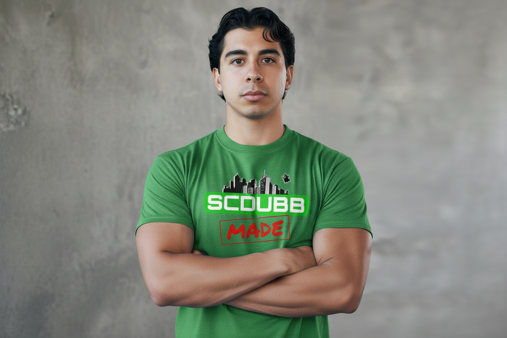 SCDUBB MADE logo on green shirt - arms crossed pose