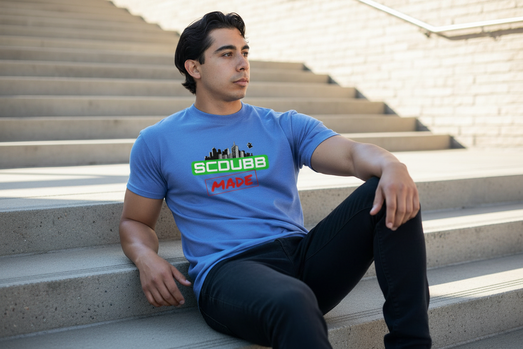 SCDUBB MADE logo on blue shirt - sitting pose