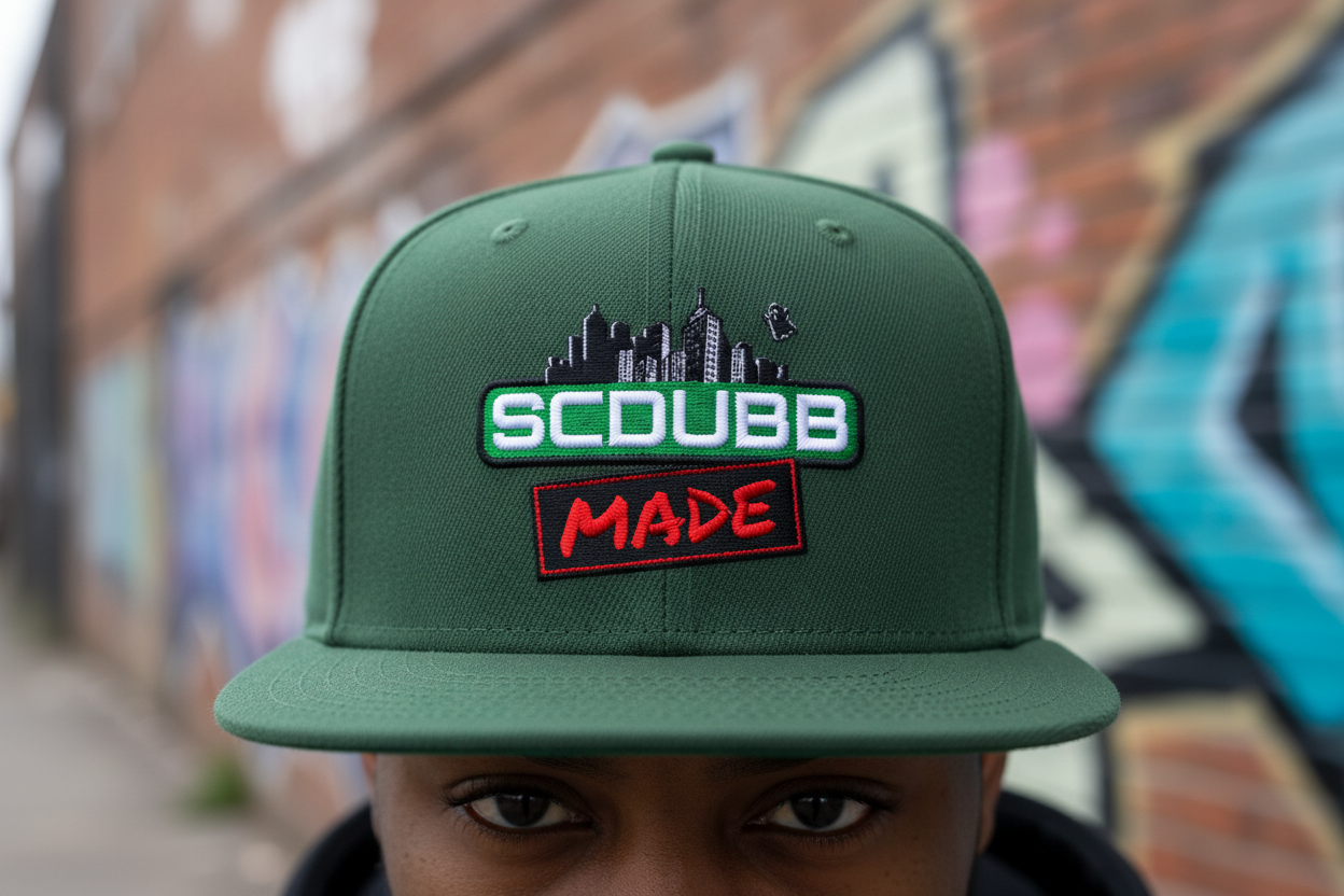SCDUBB MADE forest green hat close-up