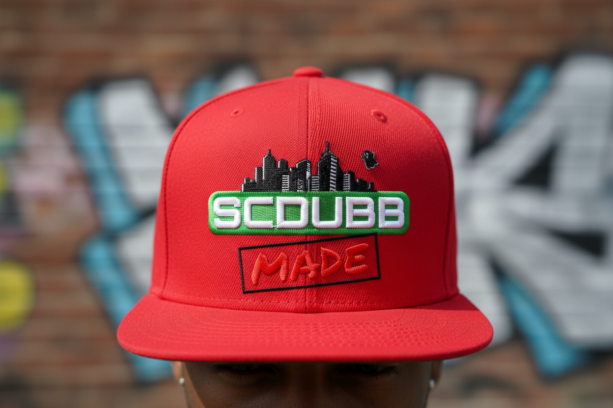 SCDUBB MADE red hat close-up