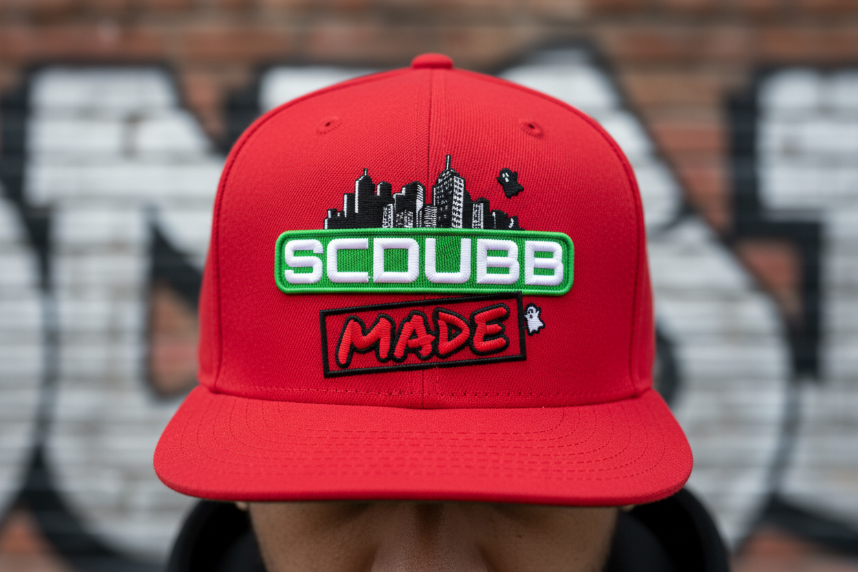 SCDUBB MADE red hat close-up