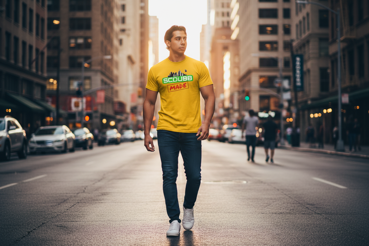 SCDUBB MADE logo on yellow shirt - walking pose
